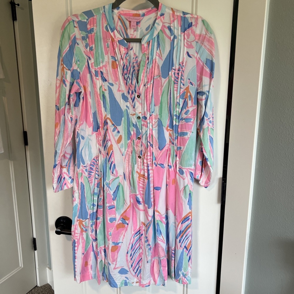 Lilly Pulitzer Natalie Shirtdress Cover-Up Sz S Blue Pink Tropical Rayon